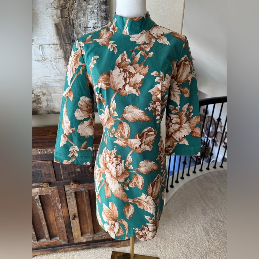 Anthropologie Maeve Green Floral Mock-Neck Shift Mini Dress
